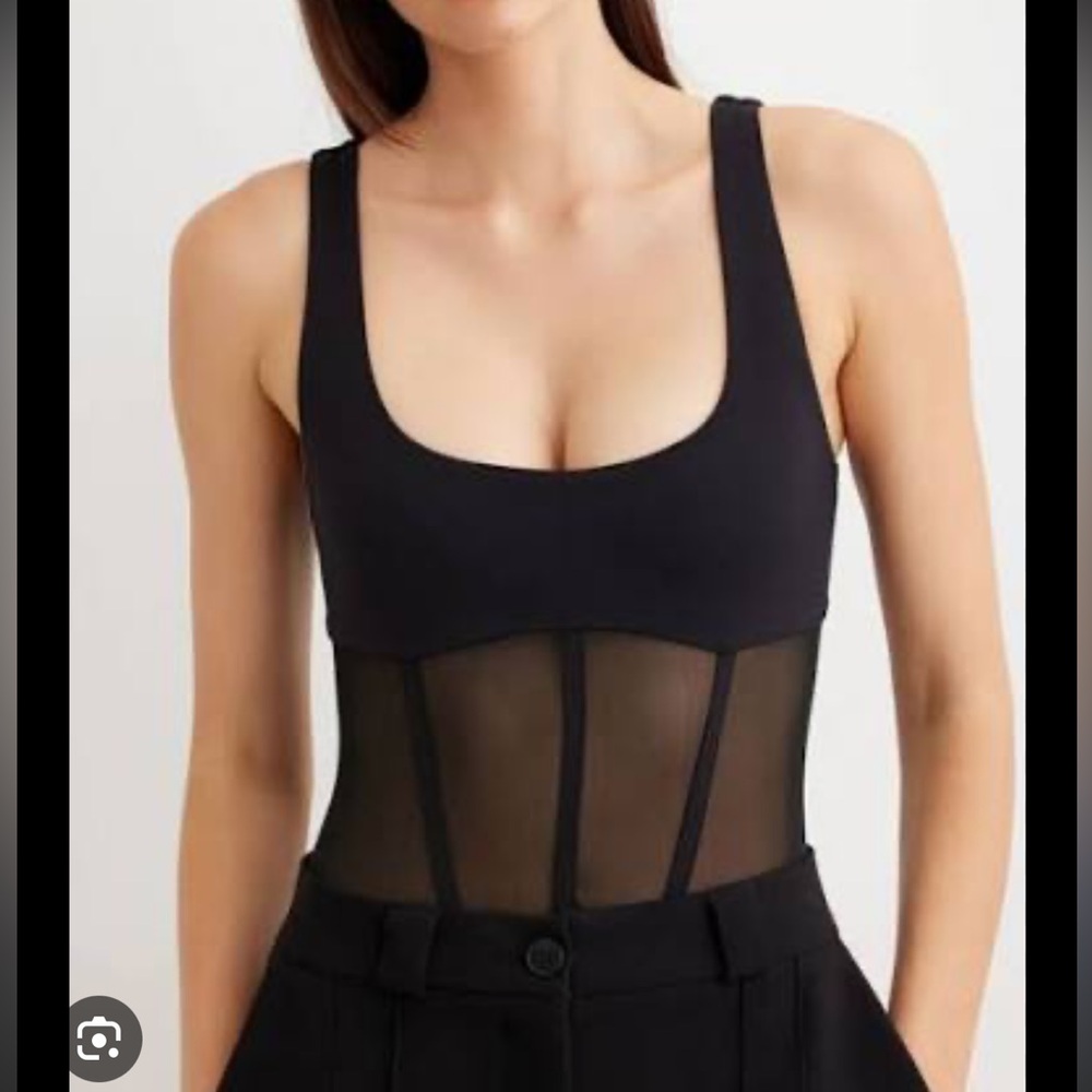 Dynamite Black Mesh Panel Scoop Neck Bodysuit